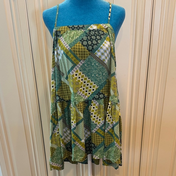NATURAL LIFE Tops - Natural Life Green Patchwork Boho Cami Top Tiered Tank Rayon M Hippie Cottage